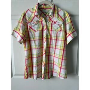 Façonnable Y2K Plaid Button Shirt Strawberry Pink Yellow Green Womens size M